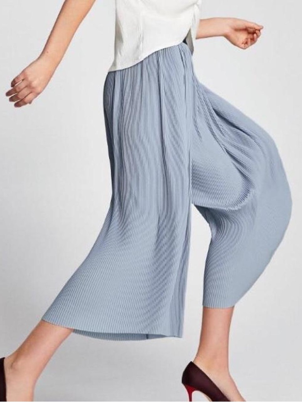 Zara Pleated Culottes - Wide Leg Pants in Dusty Blue with Black Waistband